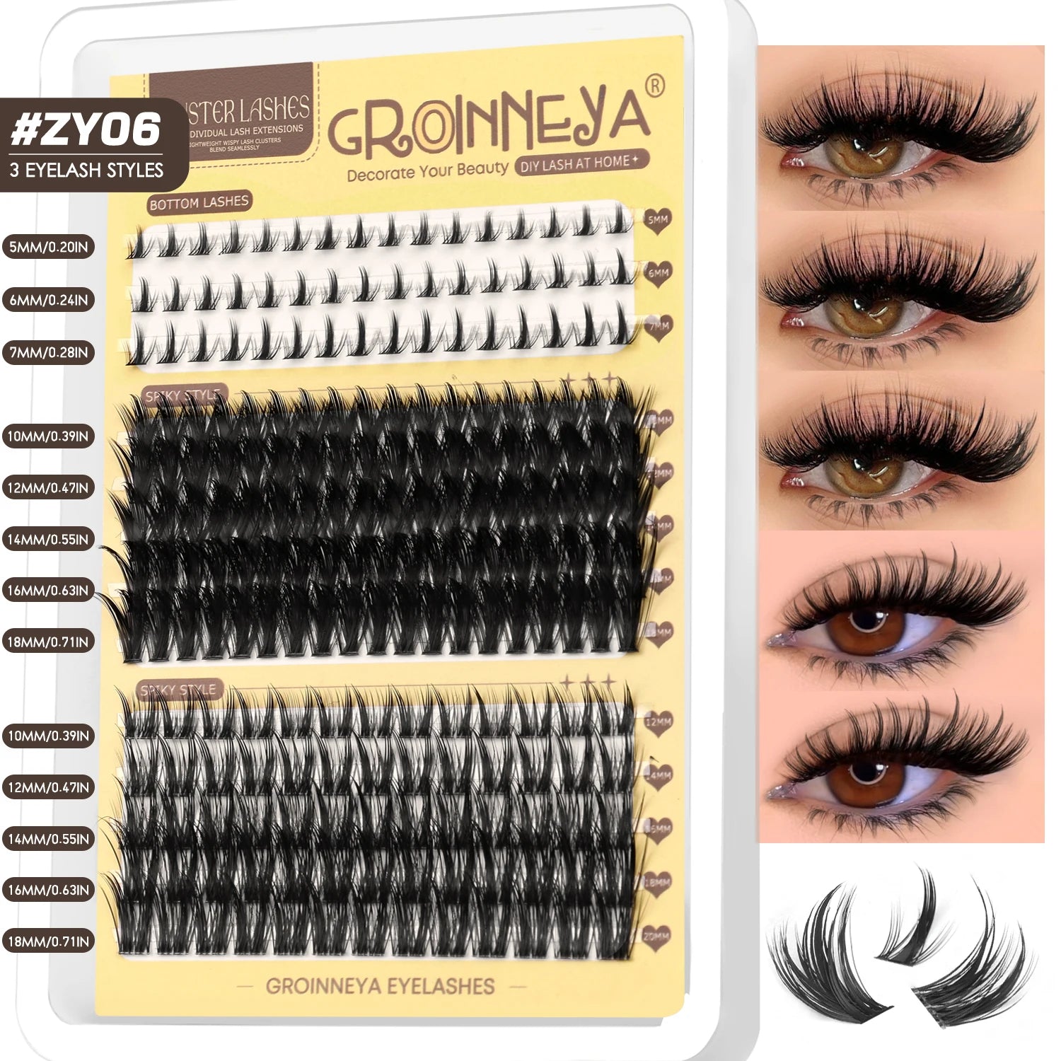 GROINNEYA Manga Lash Clusters Fluffy Lash Clusters Mixed Tray With Spikes and Bottoms Thick Eyelash Clusters Eyelash Extensions