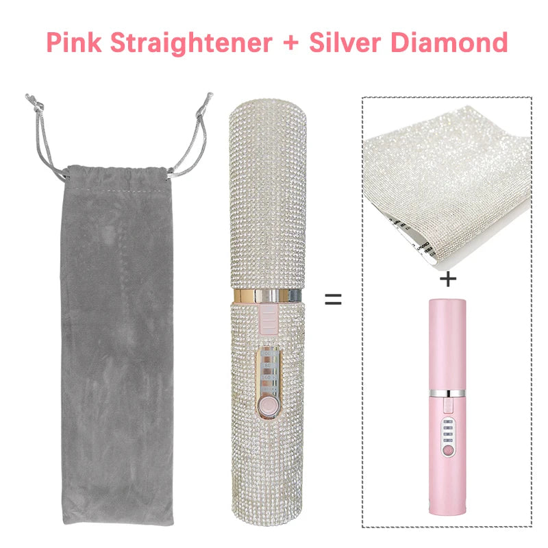 2-IN-1 Electric USB Hair Straightener Curler Fashion Colored Diamond Design Wireless Travel Hair Straightening Styler Brush