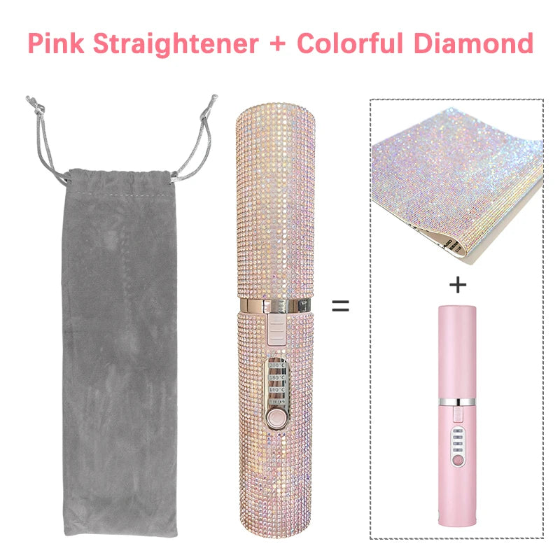 2-IN-1 Electric USB Hair Straightener Curler Fashion Colored Diamond Design Wireless Travel Hair Straightening Styler Brush