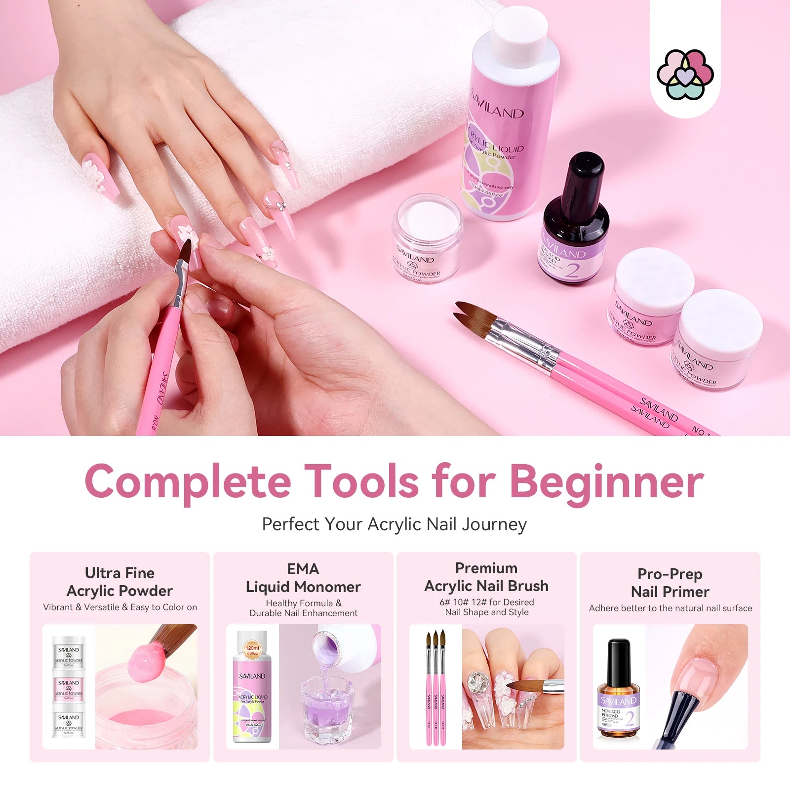 SAVILAND Complete Acrylic Nail Kit for Beginners with Keratin Powder Castor Oil Gel Polish 180W Lamp Nail Drill Full Set Tools