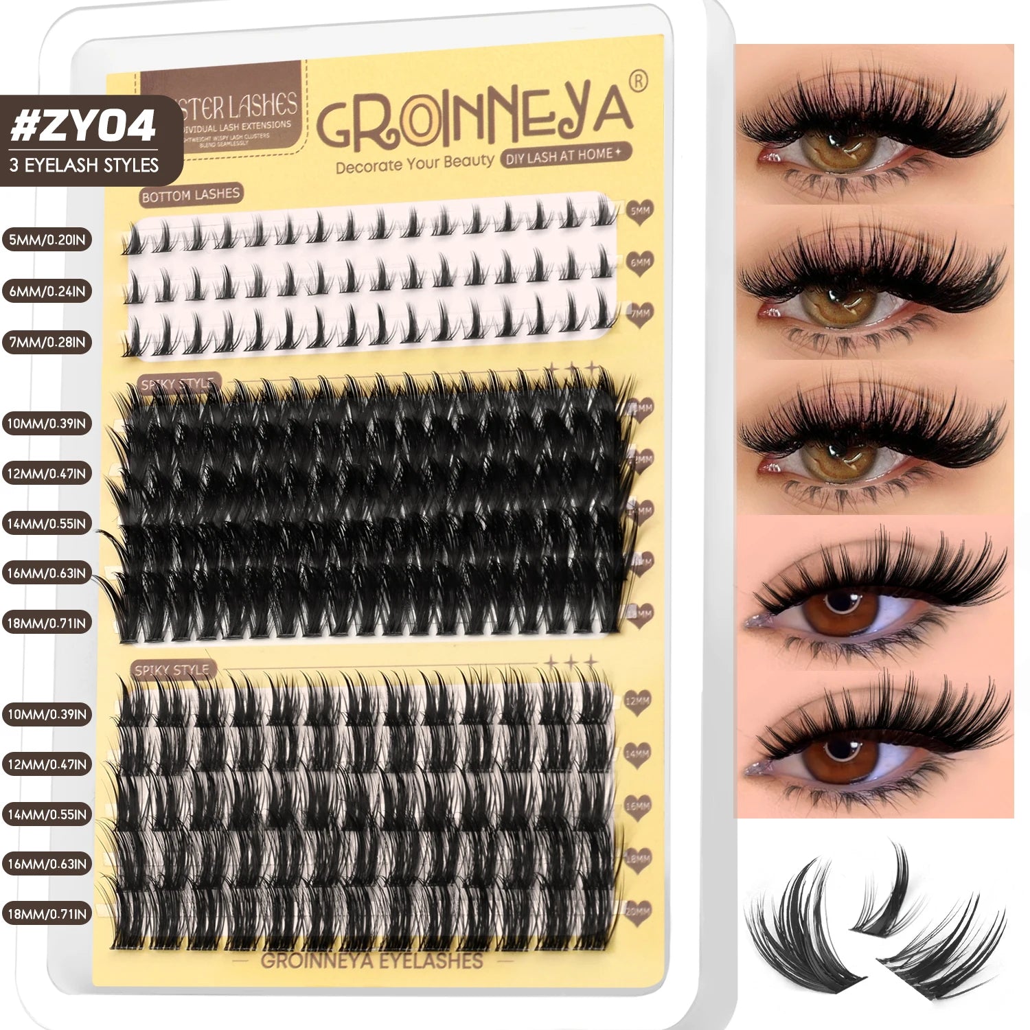 GROINNEYA Manga Lash Clusters Fluffy Lash Clusters Mixed Tray With Spikes and Bottoms Thick Eyelash Clusters Eyelash Extensions
