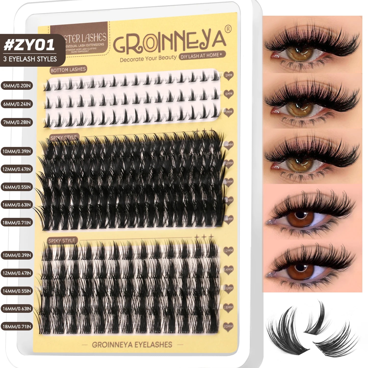 GROINNEYA Manga Lash Clusters Fluffy Lash Clusters Mixed Tray With Spikes and Bottoms Thick Eyelash Clusters Eyelash Extensions