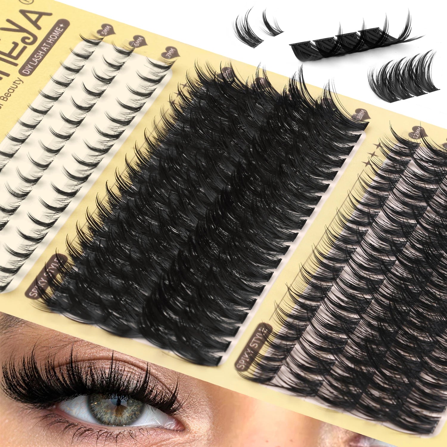 GROINNEYA Manga Lash Clusters Fluffy Lash Clusters Mixed Tray With Spikes and Bottoms Thick Eyelash Clusters Eyelash Extensions
