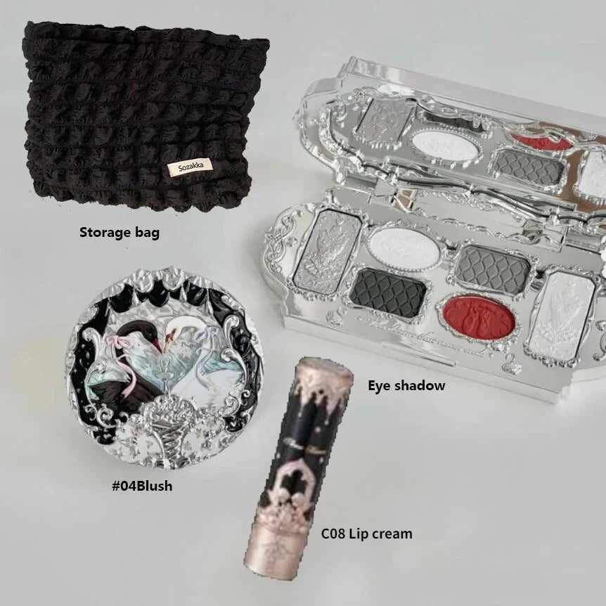 Makeup Set Flower Knows Swan Ballet Series Six Color Eyeshadow Palette Embossed Blusher Shine Lipstick Kit With Bag All In
