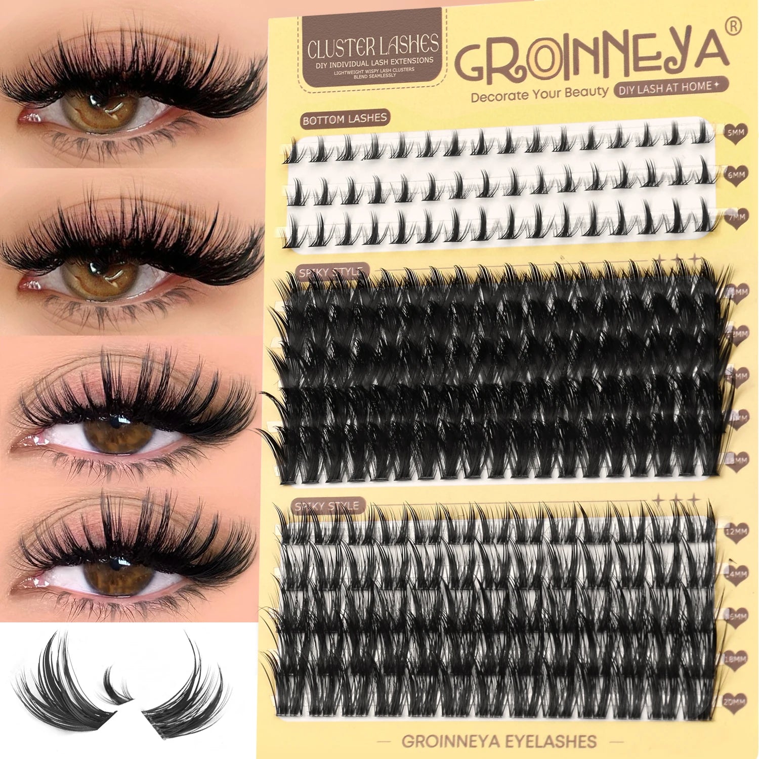 GROINNEYA Manga Lash Clusters Fluffy Lash Clusters Mixed Tray With Spikes and Bottoms Thick Eyelash Clusters Eyelash Extensions