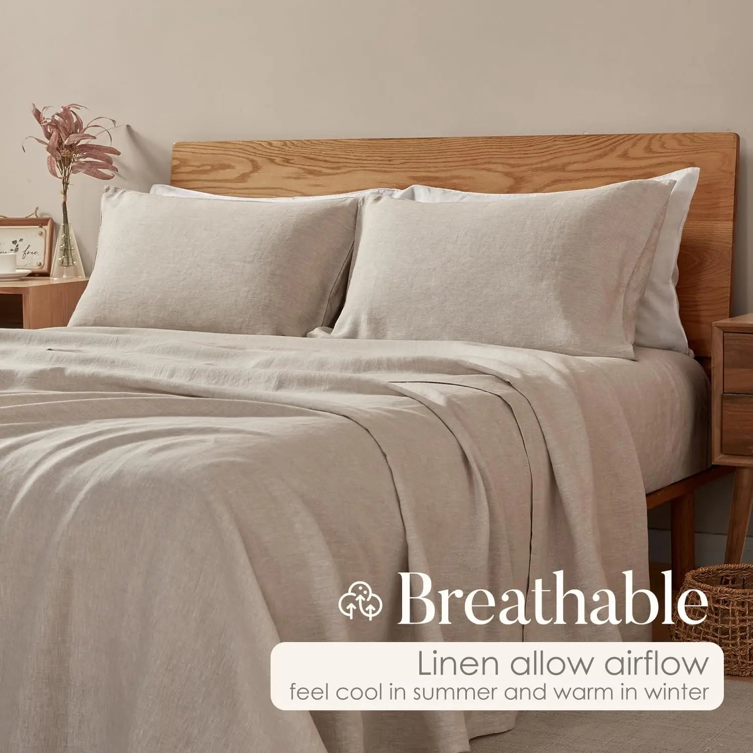 100% French Washed Pure Linen Sheets, Breathable and Cooling Bed Sheets, Soft Durable for Hot Sleepers Anti-Tear Line Flax Sheet