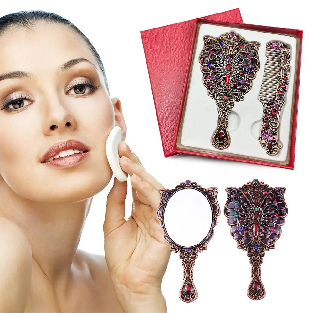 with Metal Handle Retro Small Mirror Vintage Peacock Open Screen Makeup Mirrors Comb Set Portable Handheld