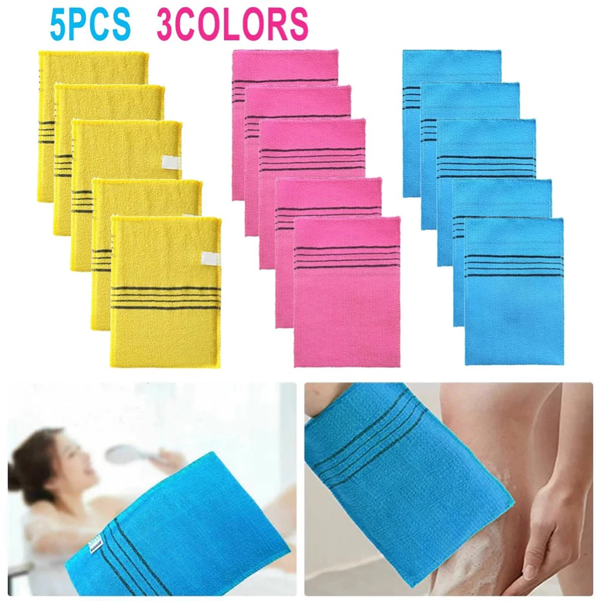 5Pcs Exfoliating Bath Pad Towels Set Korean Italy Asian Exfoliating Bath Washcloth Body Scrub Shower Soft Polyester Cotton
