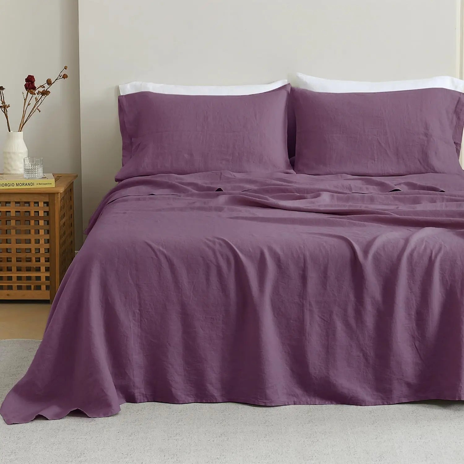 100% French Washed Pure Linen Sheets, Breathable and Cooling Bed Sheets, Soft Durable for Hot Sleepers Anti-Tear Line Flax Sheet