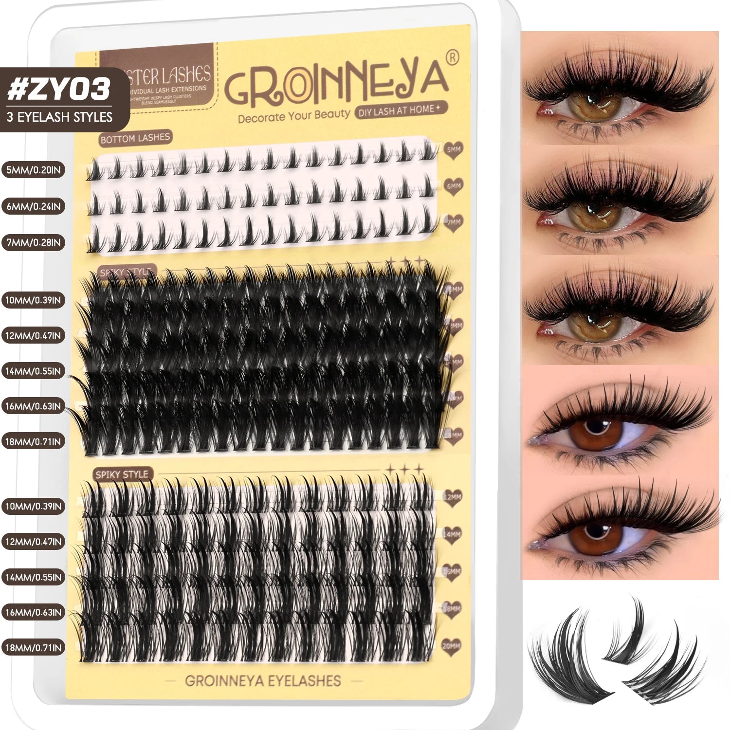 GROINNEYA Manga Lash Clusters Fluffy Lash Clusters Mixed Tray With Spikes and Bottoms Thick Eyelash Clusters Eyelash Extensions