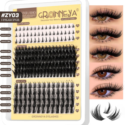 GROINNEYA Manga Lash Clusters Fluffy Lash Clusters Mixed Tray With Spikes and Bottoms Thick Eyelash Clusters Eyelash Extensions
