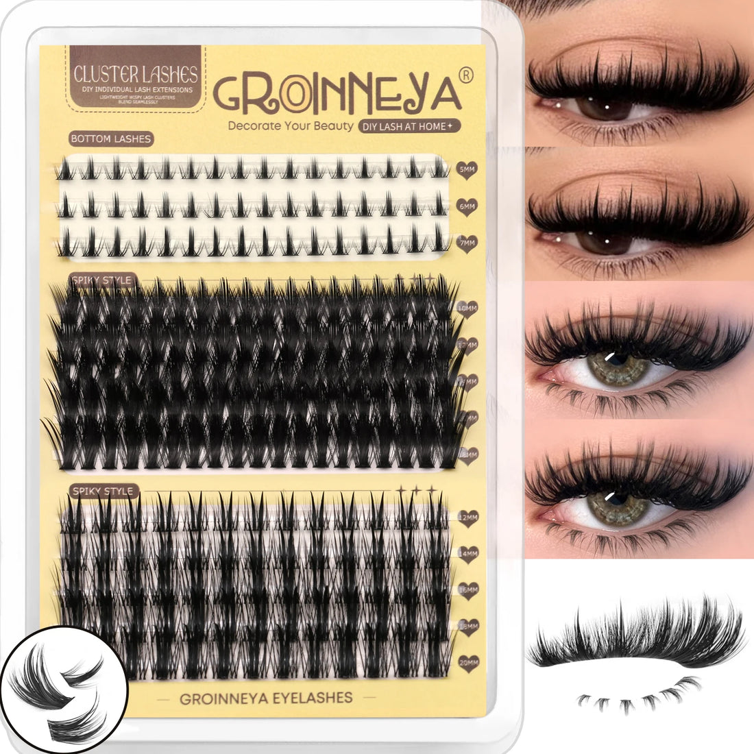 GROINNEYA Manga Lash Clusters Fluffy Lash Clusters Mixed Tray With Spikes and Bottoms Thick Eyelash Clusters Eyelash Extensions