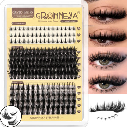 GROINNEYA Manga Lash Clusters Fluffy Lash Clusters Mixed Tray With Spikes and Bottoms Thick Eyelash Clusters Eyelash Extensions