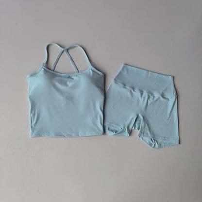 2PCS Gym Fitness Medium-intensity Sports Vest Beauty Back Yoga Suit Sports Bra Women Pilates Bra High Waist Hip Lift Shorts Set
