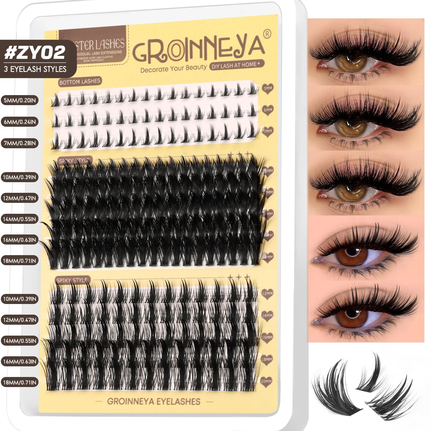 GROINNEYA Manga Lash Clusters Fluffy Lash Clusters Mixed Tray With Spikes and Bottoms Thick Eyelash Clusters Eyelash Extensions