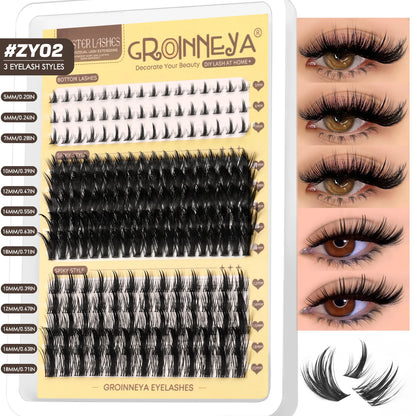 GROINNEYA Manga Lash Clusters Fluffy Lash Clusters Mixed Tray With Spikes and Bottoms Thick Eyelash Clusters Eyelash Extensions