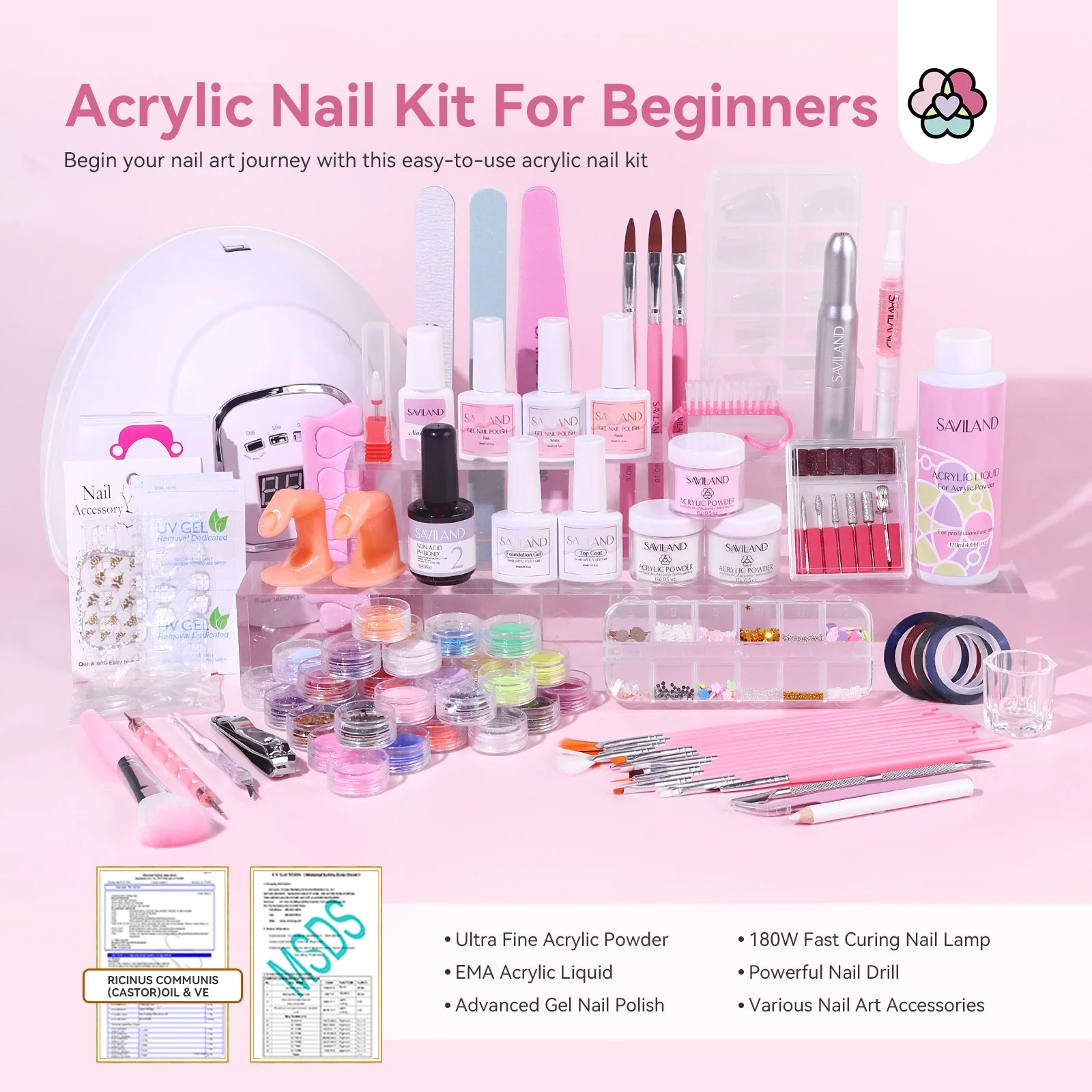 SAVILAND Complete Acrylic Nail Kit for Beginners with Keratin Powder Castor Oil Gel Polish 180W Lamp Nail Drill Full Set Tools